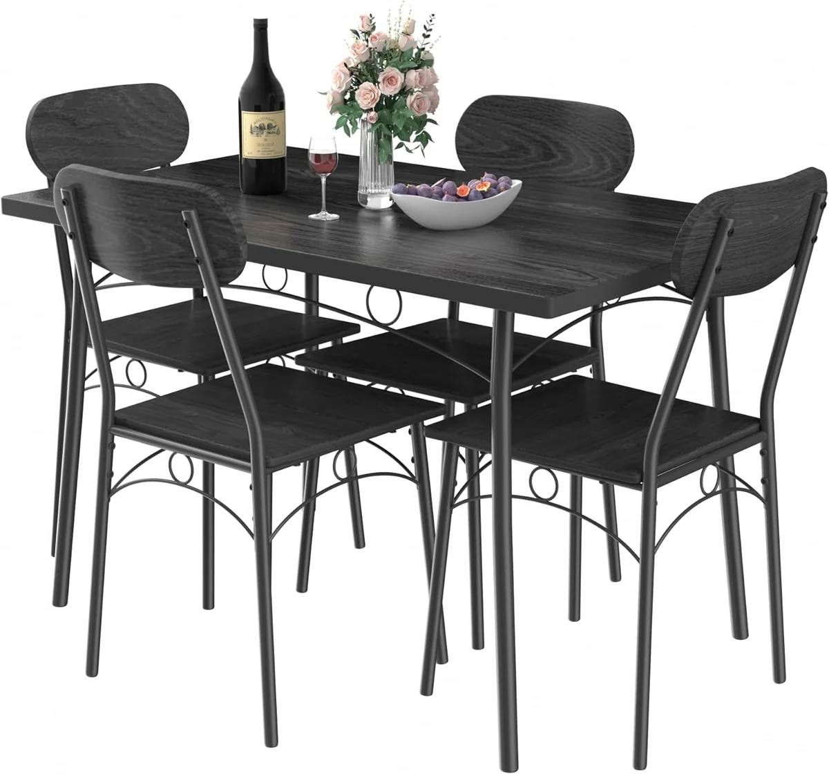 Modern 5-Piece Dining Set with Black Wood-Top Table and 4 Chairs