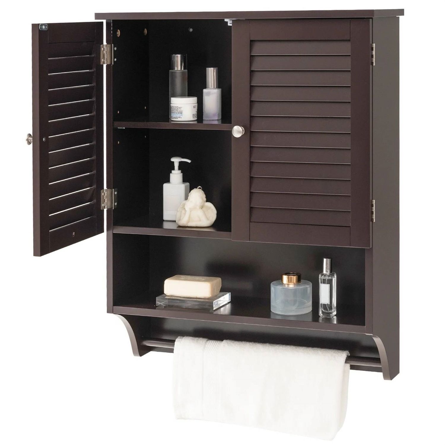 Brown Wall-Mounted Bathroom Medicine Cabinet with Louver Doors and Towel Bar