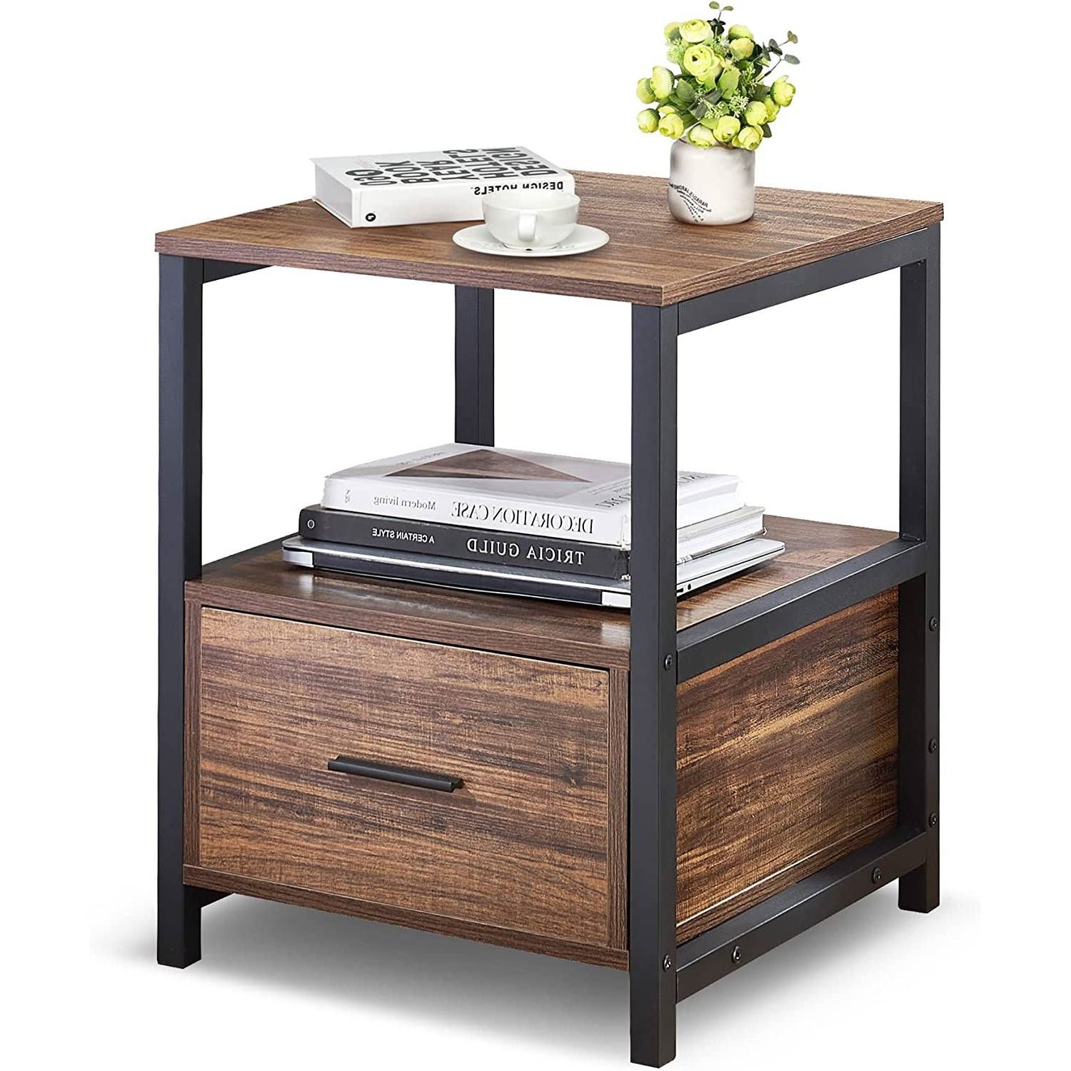 Modern Industrial Wood Metal Side End Table Nightstand with Storage Drawer