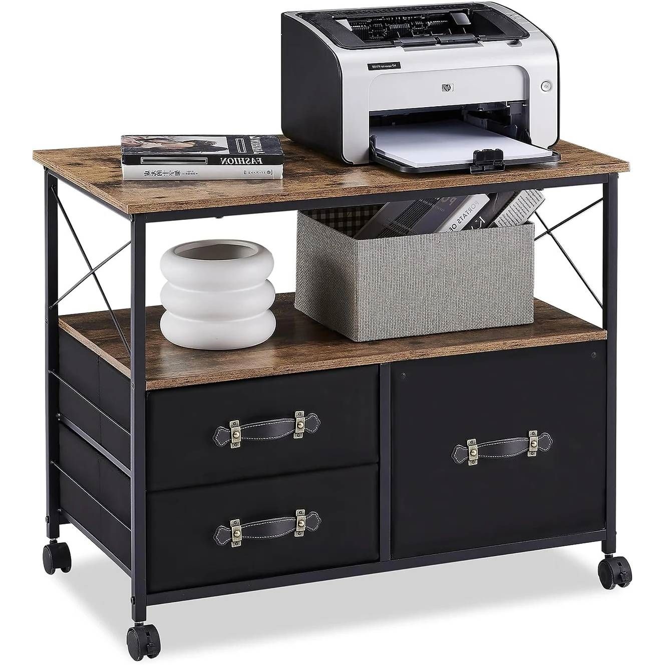 Modern Metal Wood Mobile Printer Stand Filing Cabinet with Locking Wheels
