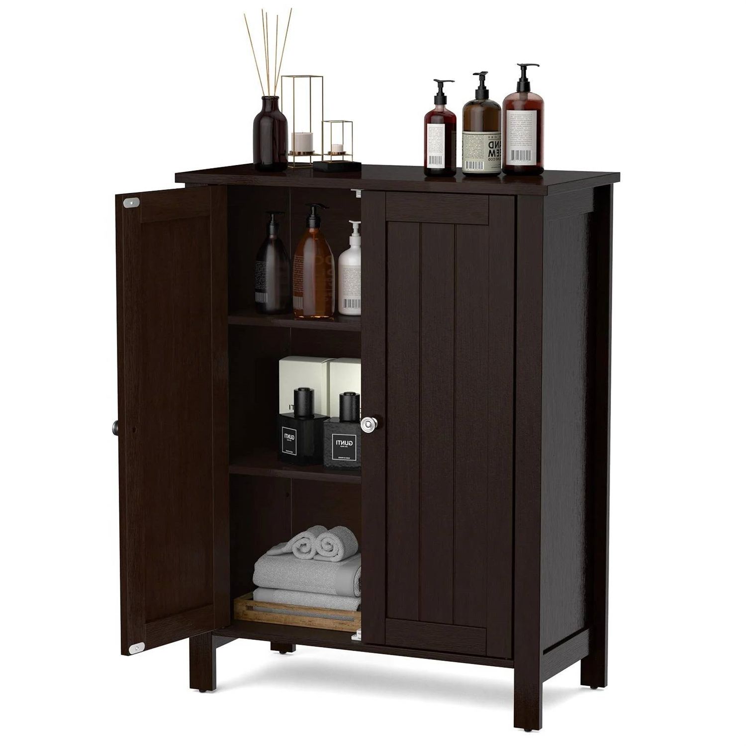 Bathroom Storage Cabinet with Adjustable Shelves in Dark Brown Wood Finish