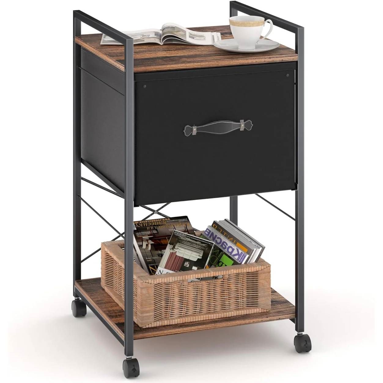 Modern Metal Wood Printer Stand Table File Cabinet with Fabric Drawer on Wheels