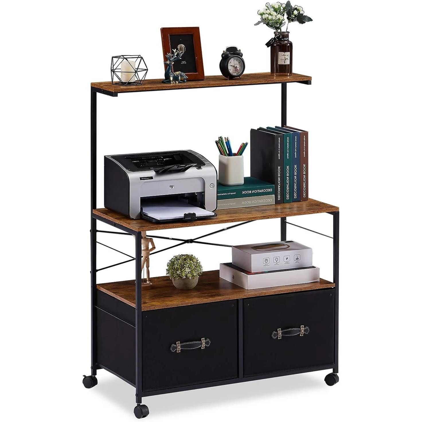 Industrial Metal Wood Printer Stand File Cabinet with Fabric Drawers