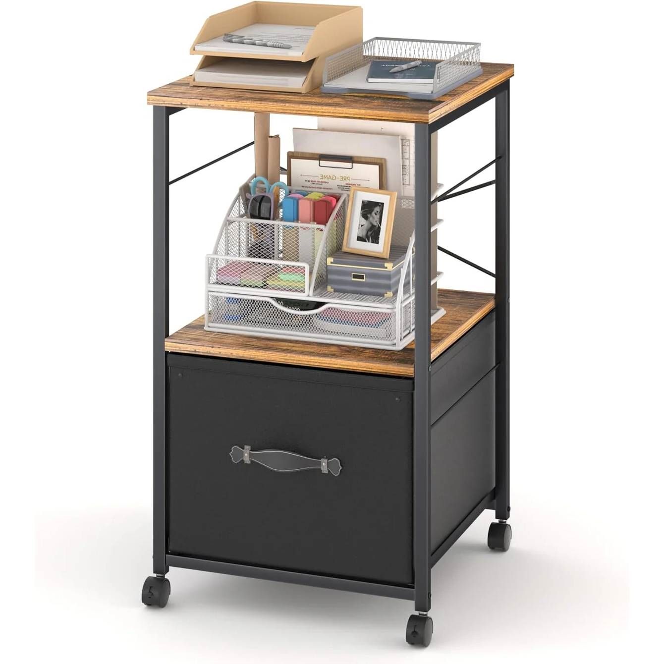 Metal Wood Printer Stand Side Table File Cabinet with Fabric Drawer on Wheels