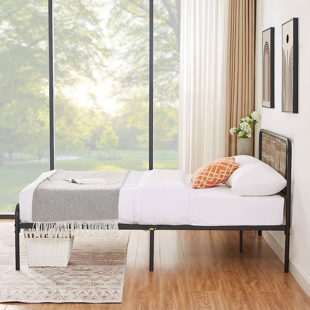 Full size Grey Wood Metal Platform Bed Frame with Rounded Headboard Footboard