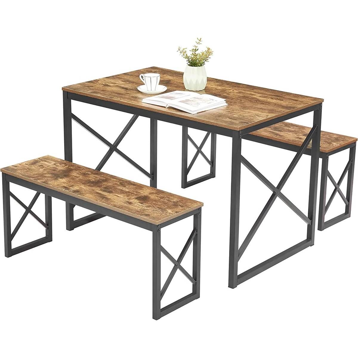 Modern Industrial Wood-Top Kitchen Dining Table Set with 2 Backless Benches