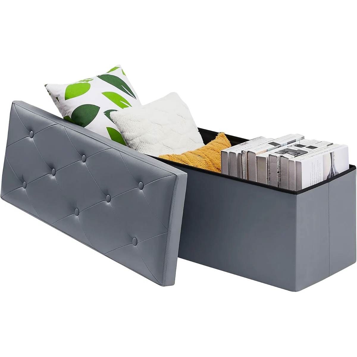 Light Grey Faux Leather Upholstered End of Bed Storage Bench Ottoman