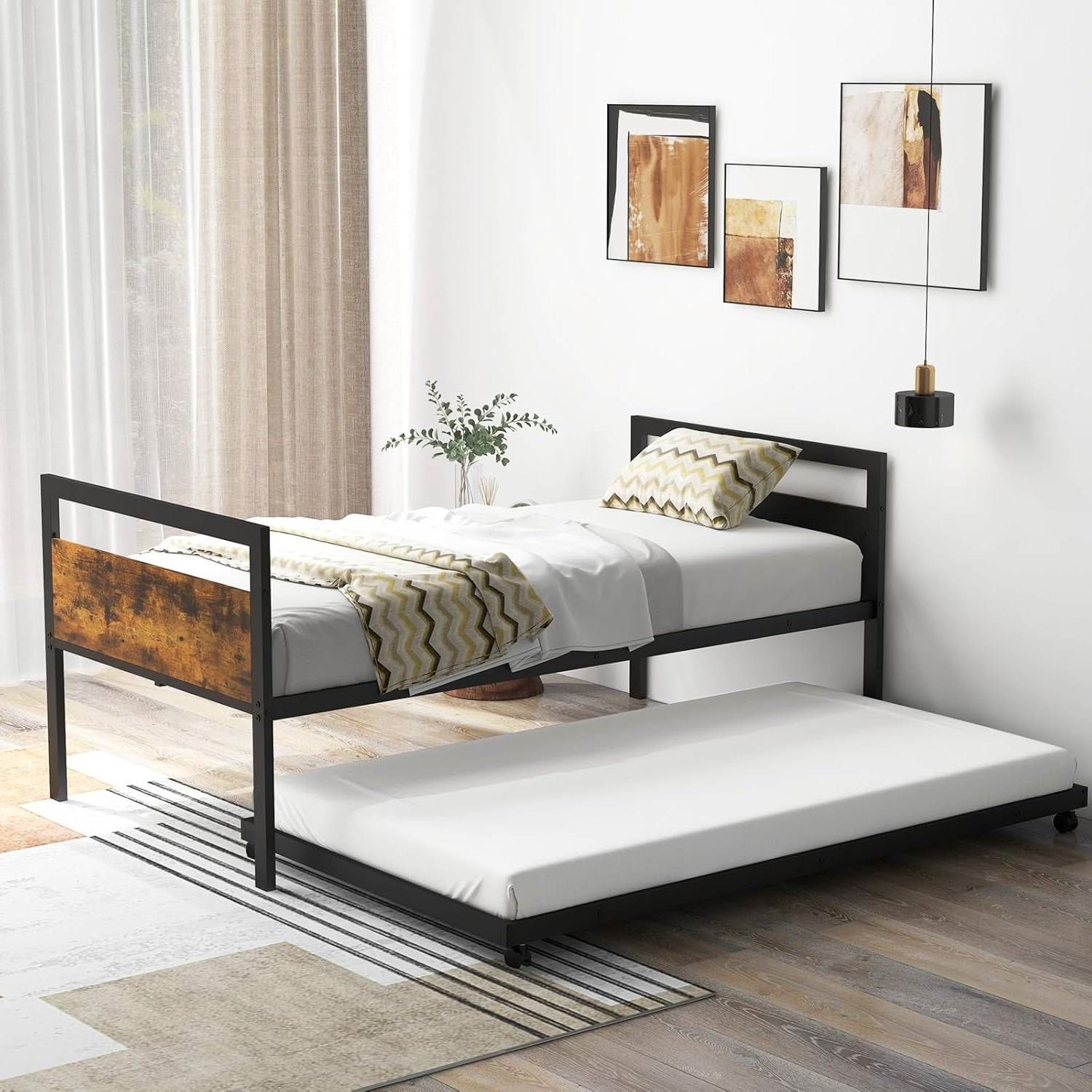 Twin size Industrial Farmhouse Metal Wood Daybed with Trundle Bed Frame
