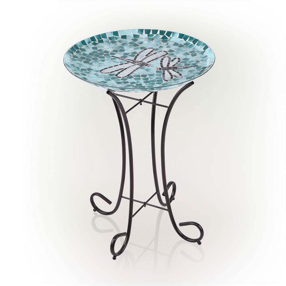 Teal Green Blue White Mosaic Glass Birdbath Bowl with Black Metal Stand