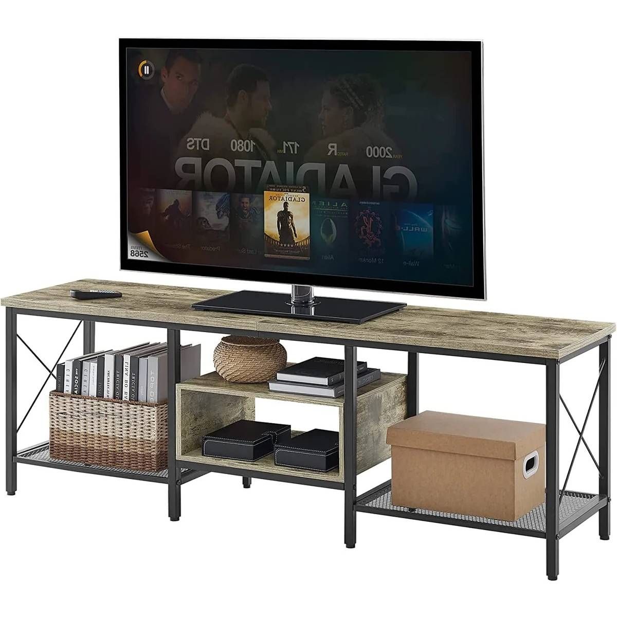 Industrial Farmhouse Grey Wood and Metal TV Stand with Media Storage Shelves