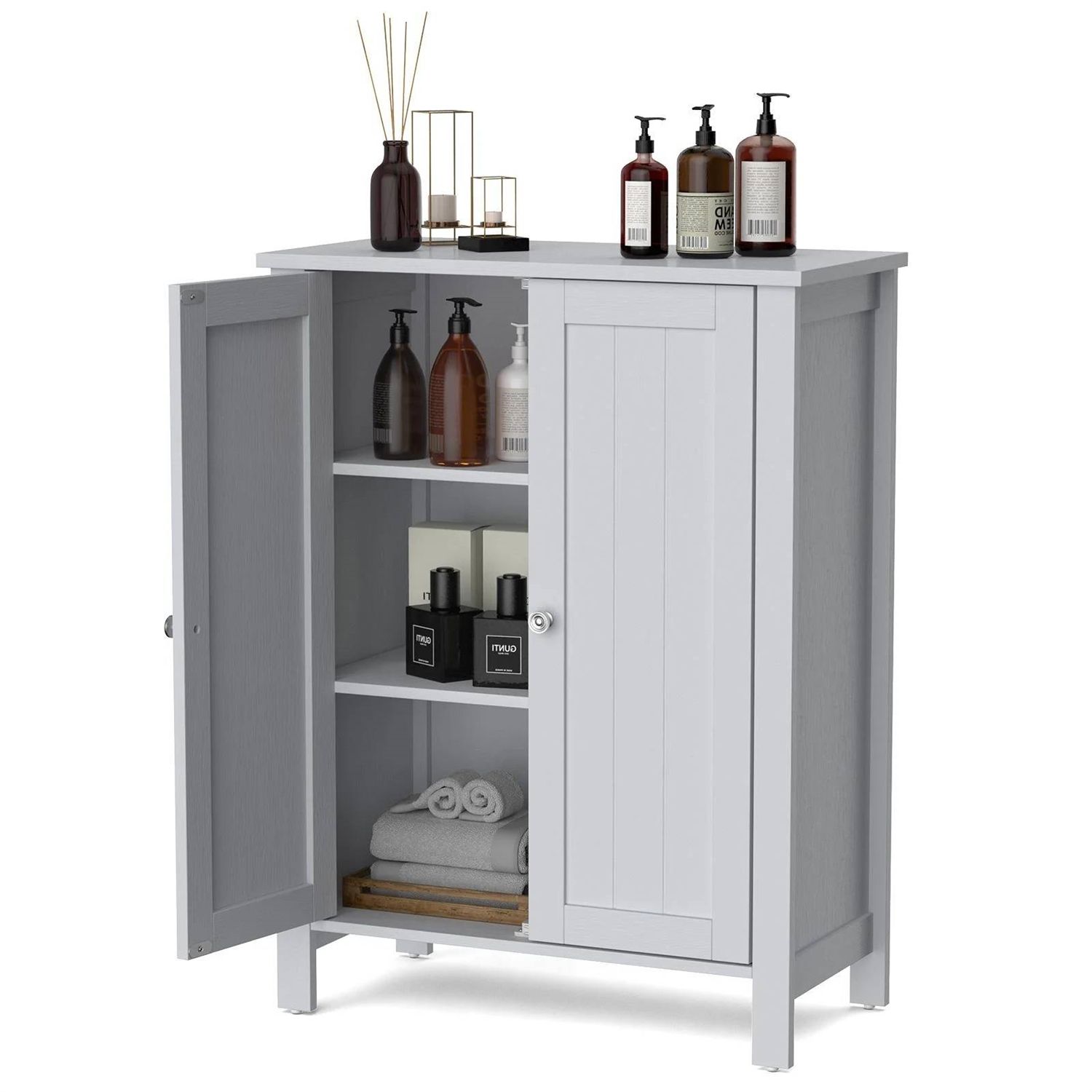Bathroom Storage Cabinet with Adjustable Shelves in Grey Wood Finish