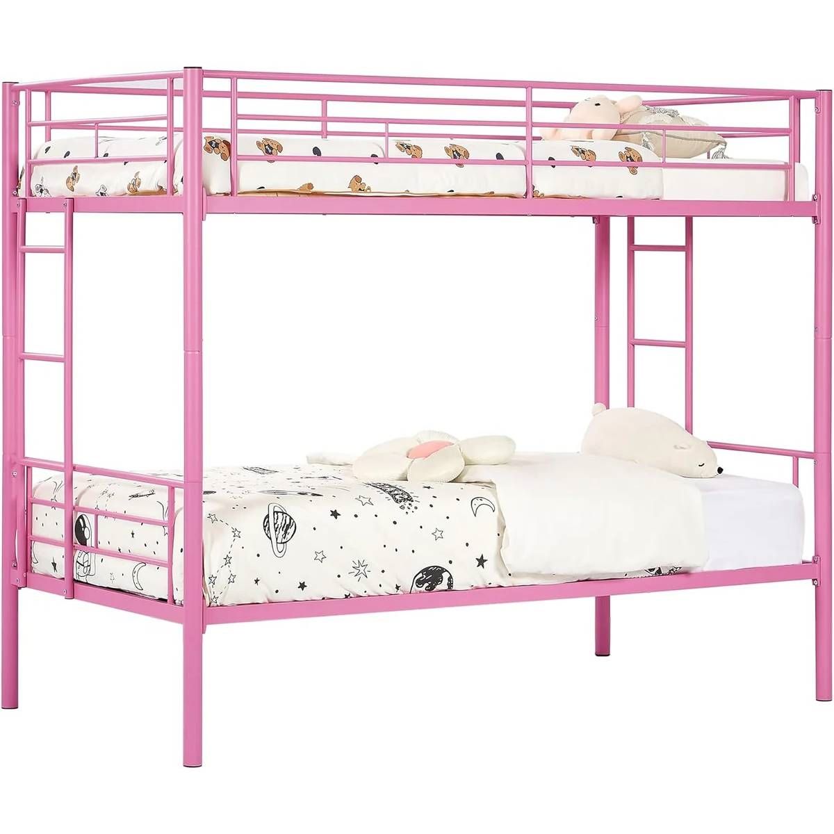 Pink Metal Twin over Twin Bunk Bed Frame with Two Side Ladders