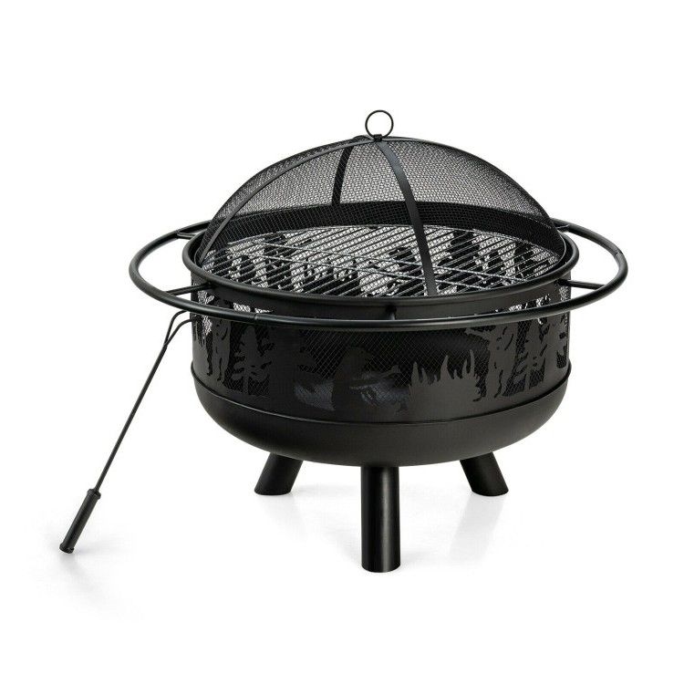 Portable Patio Screened Wood Burning Fire Pit Cooking Grill with Poker