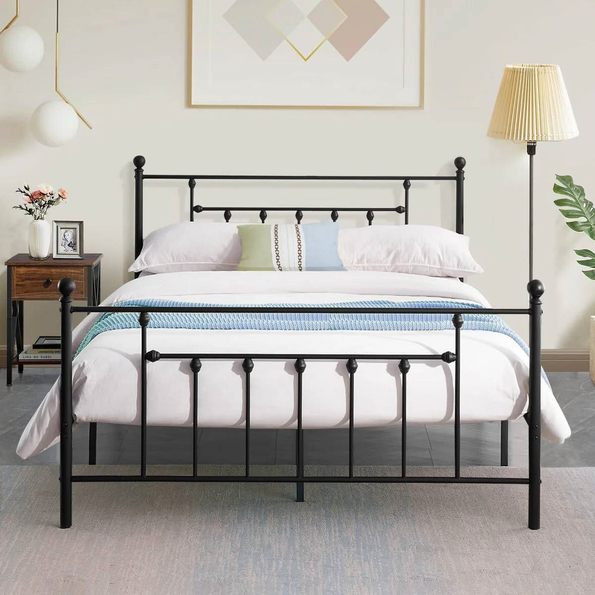 Queen size Vintage Style Black Metal Platform Bed Frame with Headboard Footboard