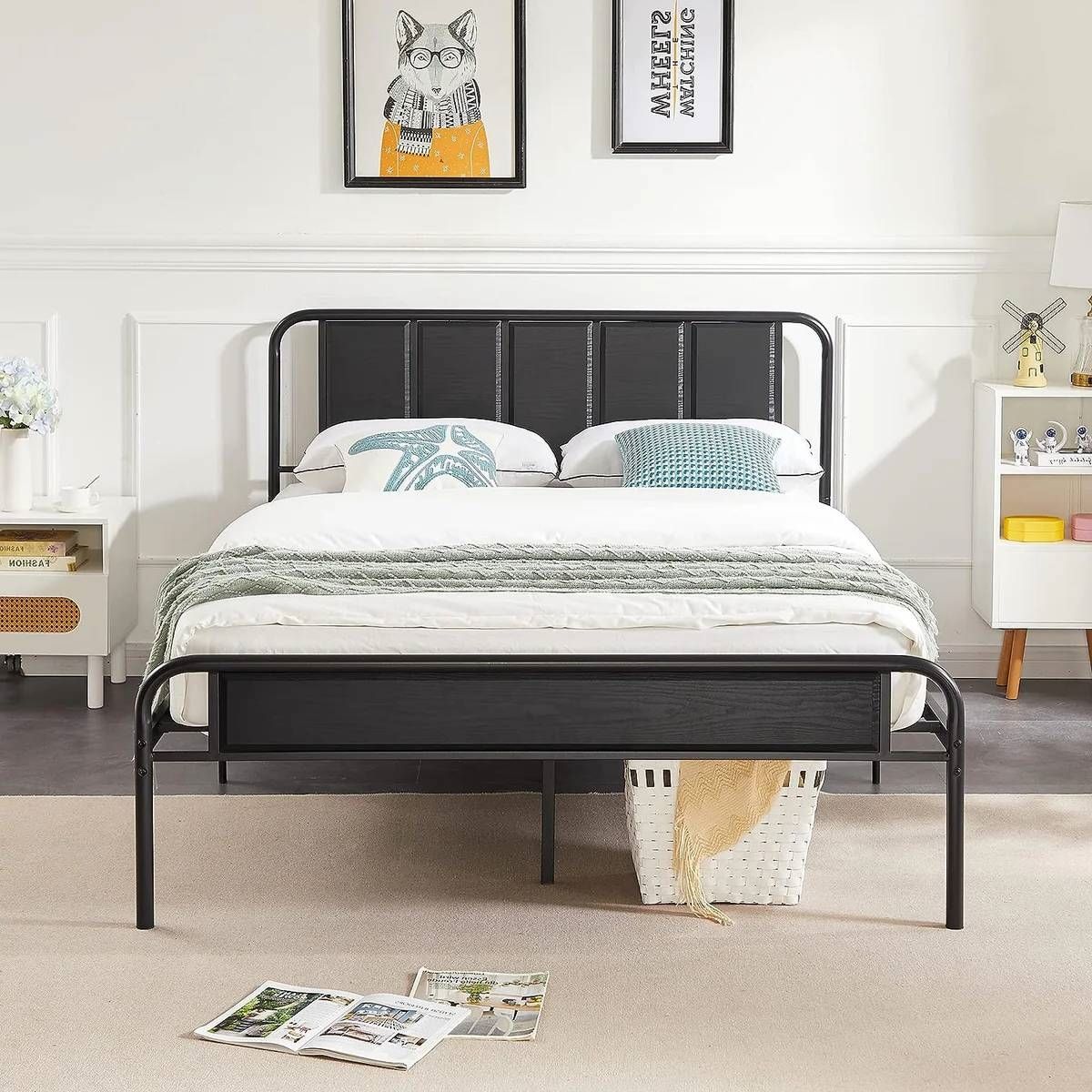 Queen size Black Wood Metal Platform Bed Frame with Rounded Headboard Footboard