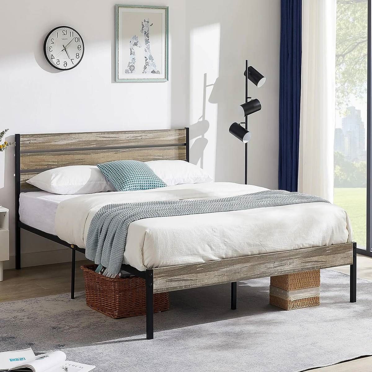 Queen Industrial Farmhouse Rustic Wood Metal Platform Bed Frame with Headboard