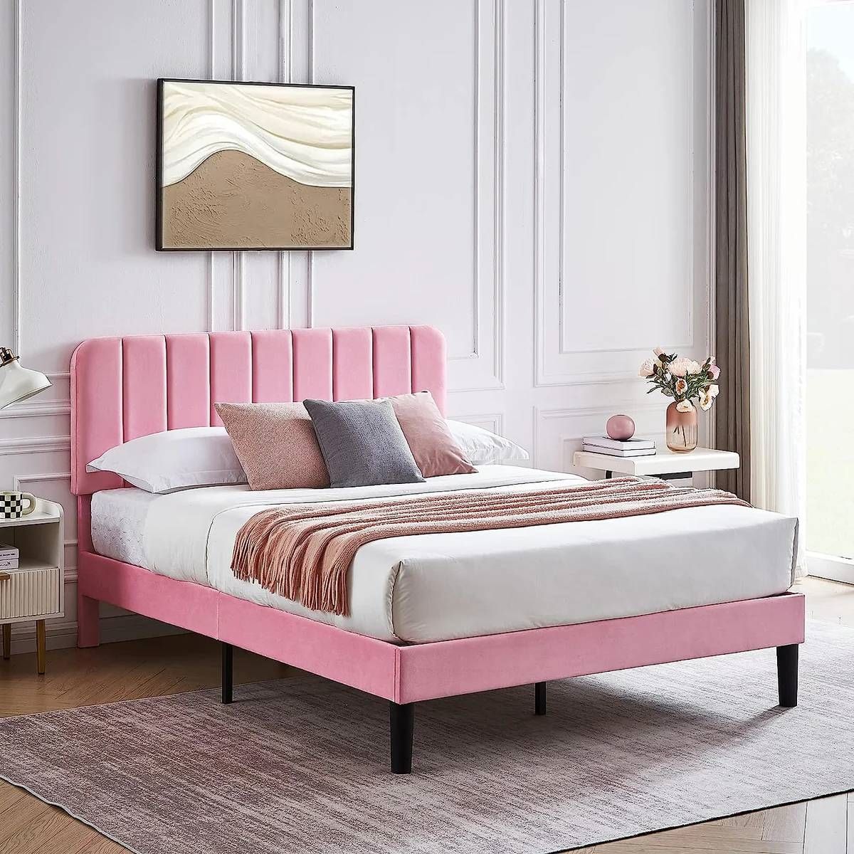 Queen size Pink Upholstered Platform Bed Frame with Headboard