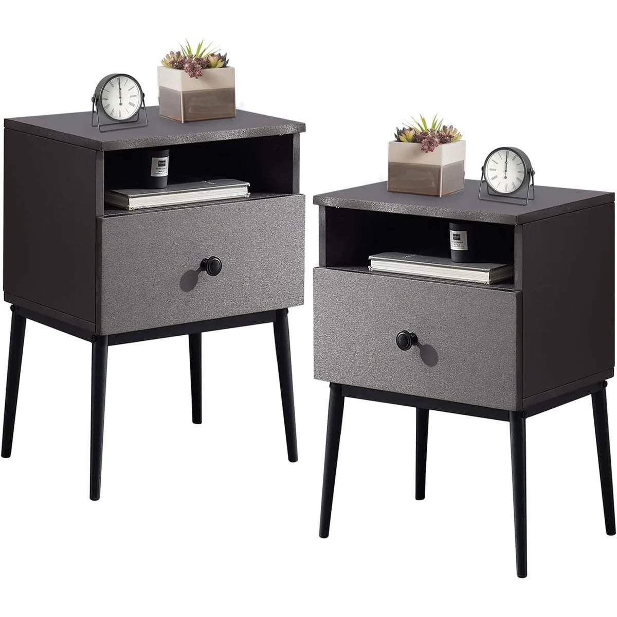 Set of 2 - Mid Century Modern Side Table Nightstand in Grey Black Wood Finish