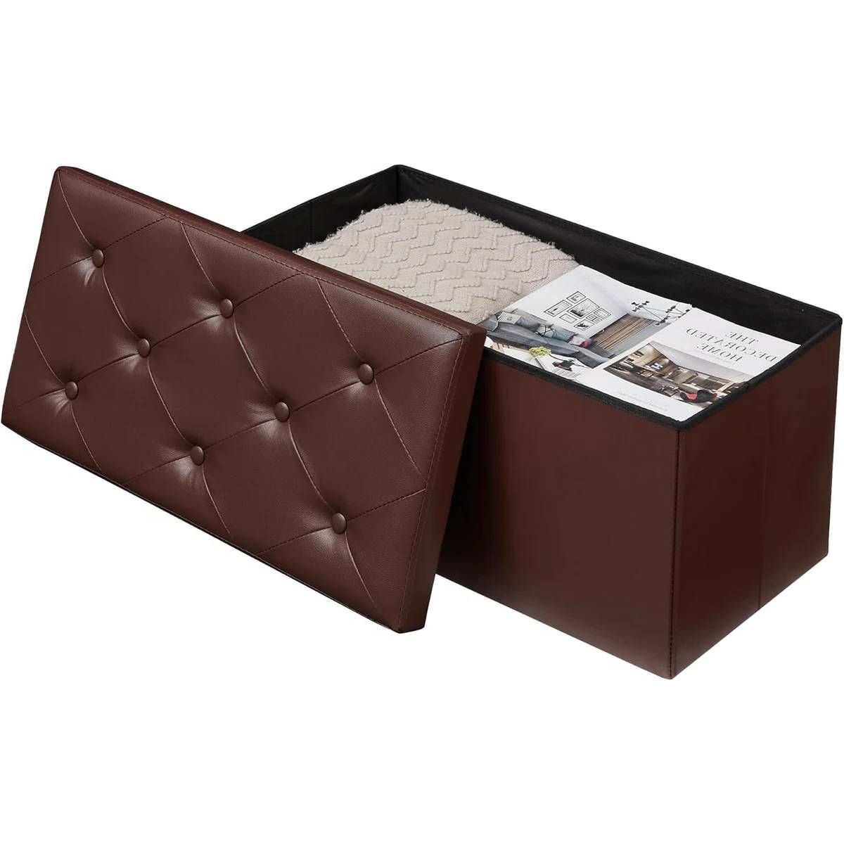 30-inch Brown Faux Leather Upholstered End of Bed Storage Bench Ottoman