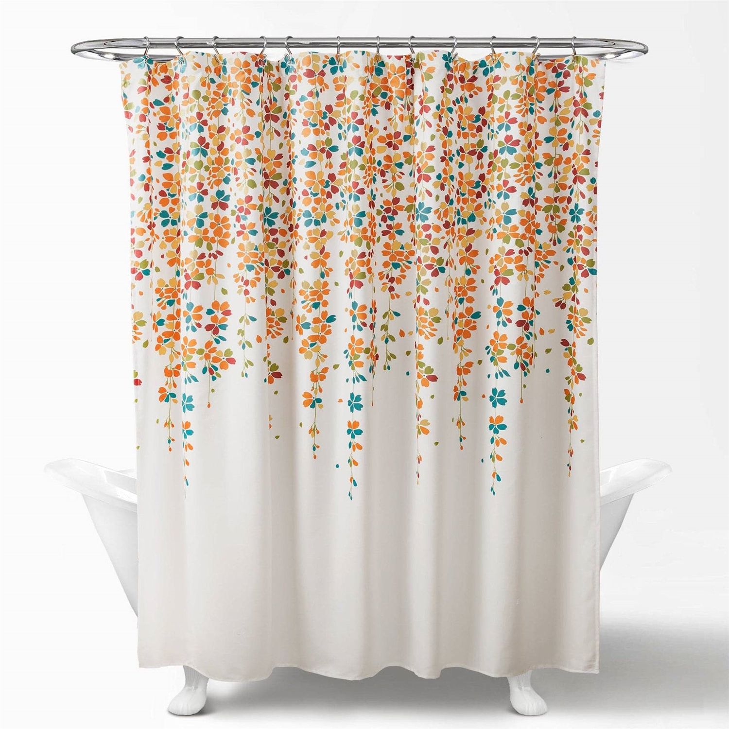 72-inch White Turquoise Blue Orange Floral Flowers Shower Curtain