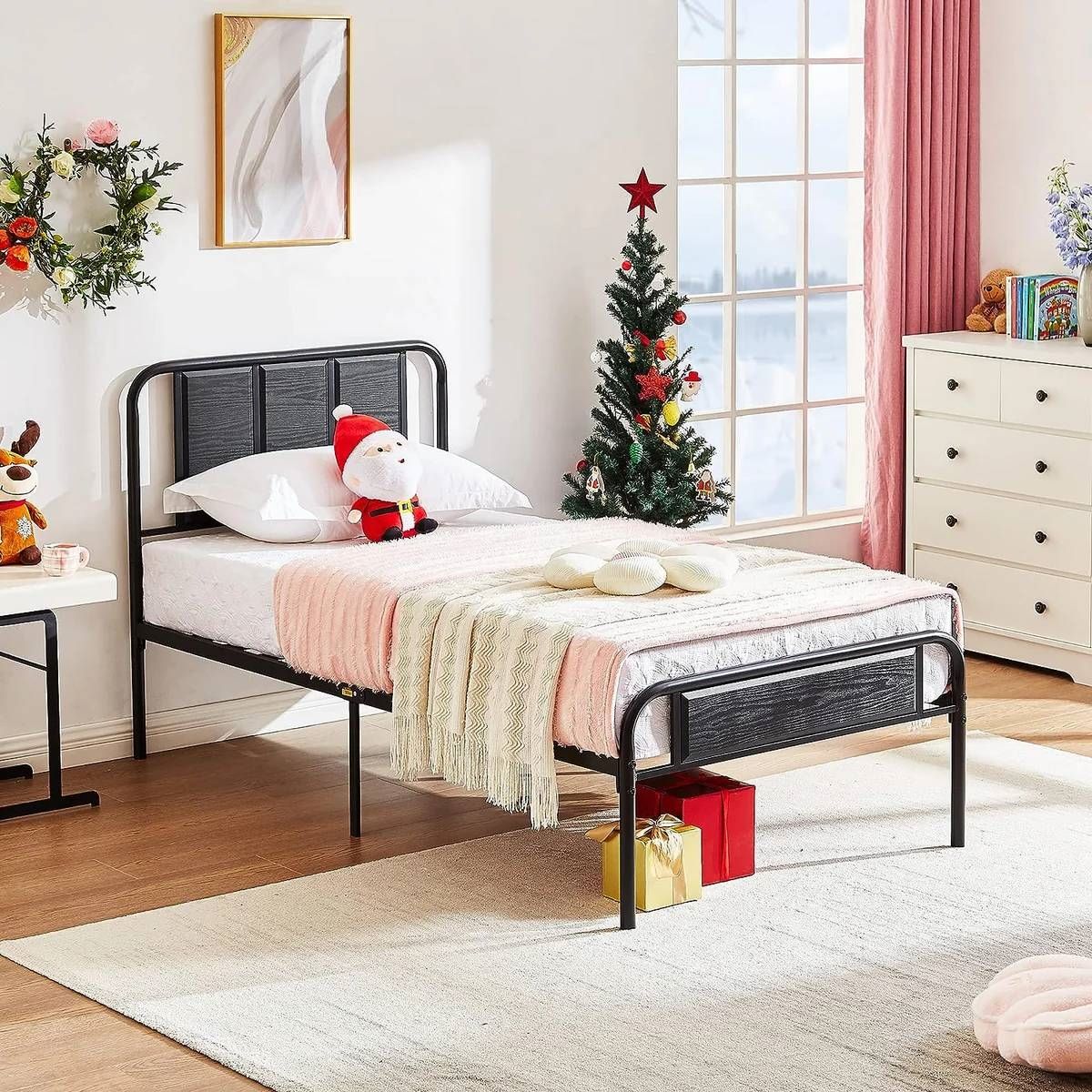 Twin Black Wood Metal Platform Bed Frame with Rounded Headboard Footboard