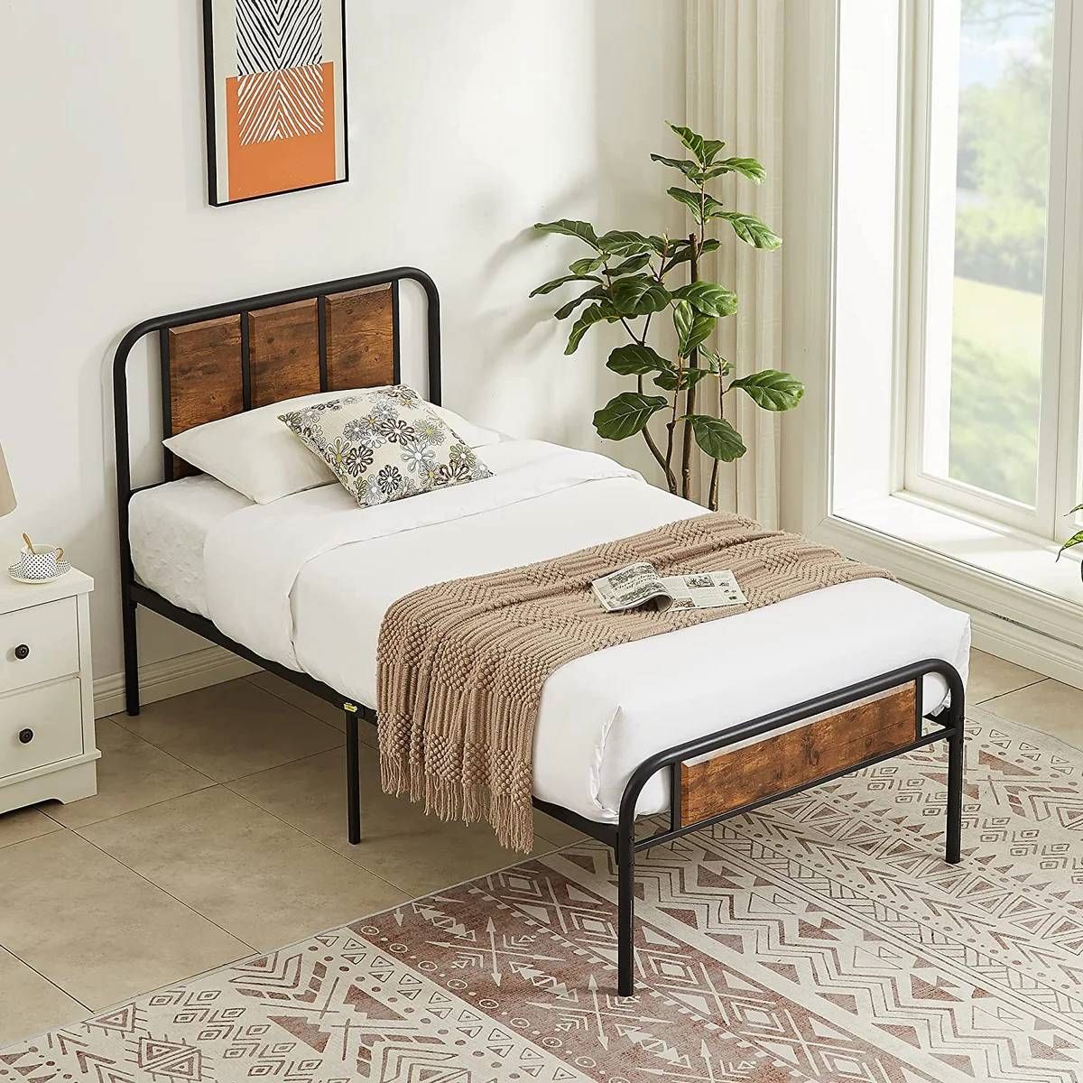 Twin Industrial Wood Metal Platform Bed Frame with Rounded Headboard Footboard