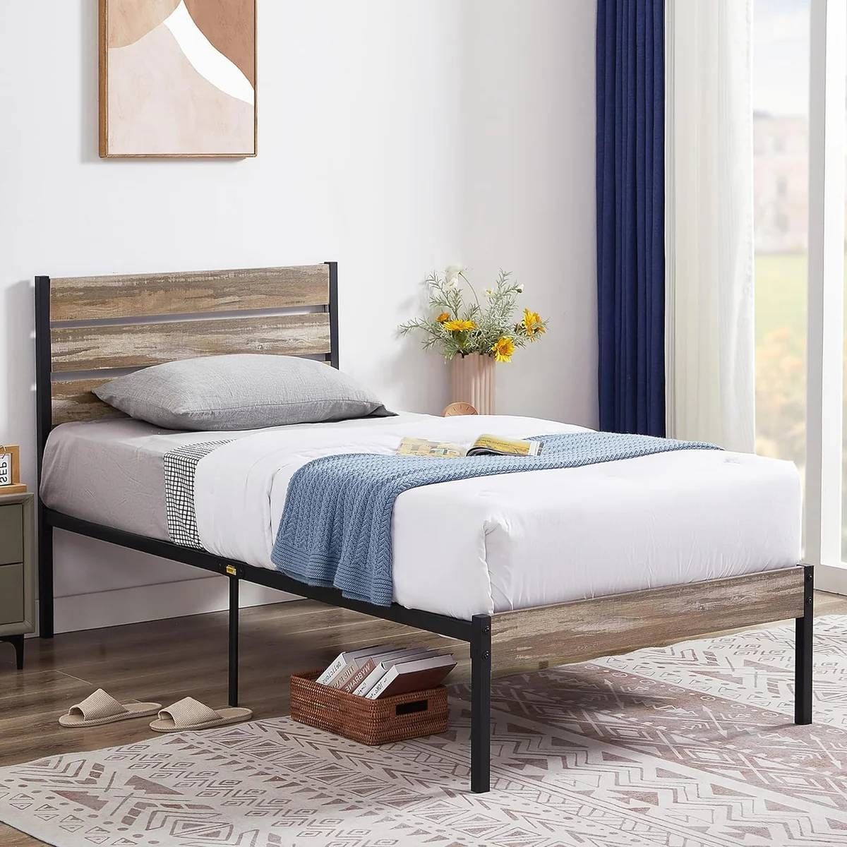 Twin Industrial Farmhouse Rustic Wood / Metal Platform Bed Frame with Headboard