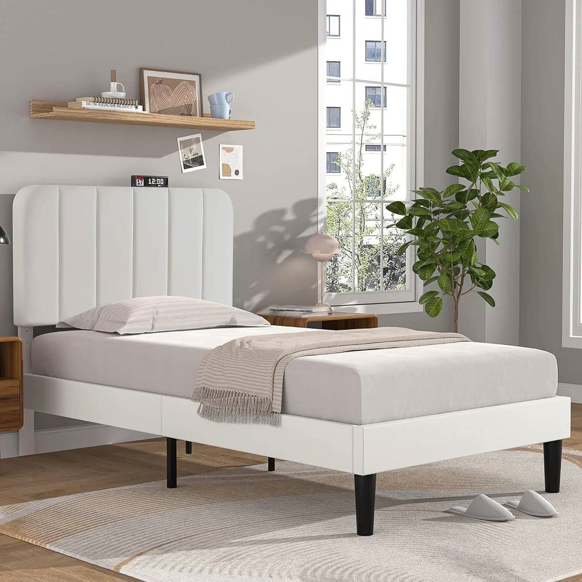 Twin size White Upholstered Platform Bed Frame with Headboard