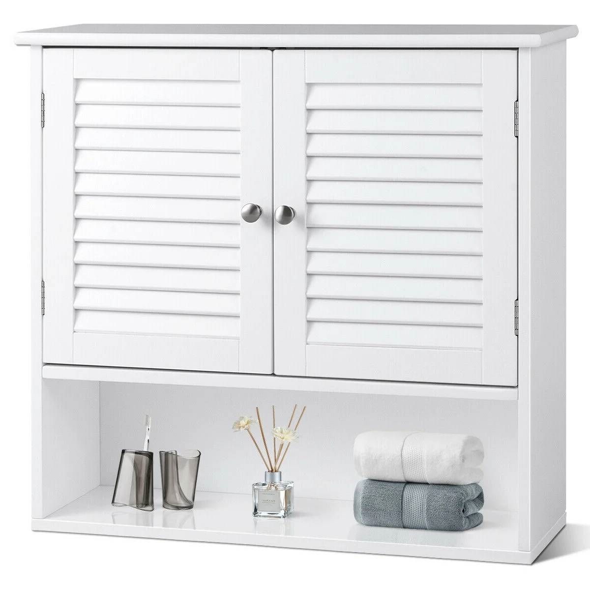 White Wall-Mount Bathroom Medicine Cabinet with Louver Doors and Storage Shelf